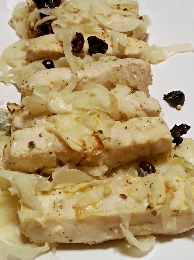 Cuori di merluzzo marinati con finocchi e olive nere ricetta light
