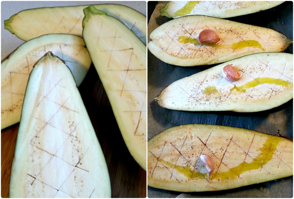 Barche di melanzane con ceci coriandolo e menta procedimento