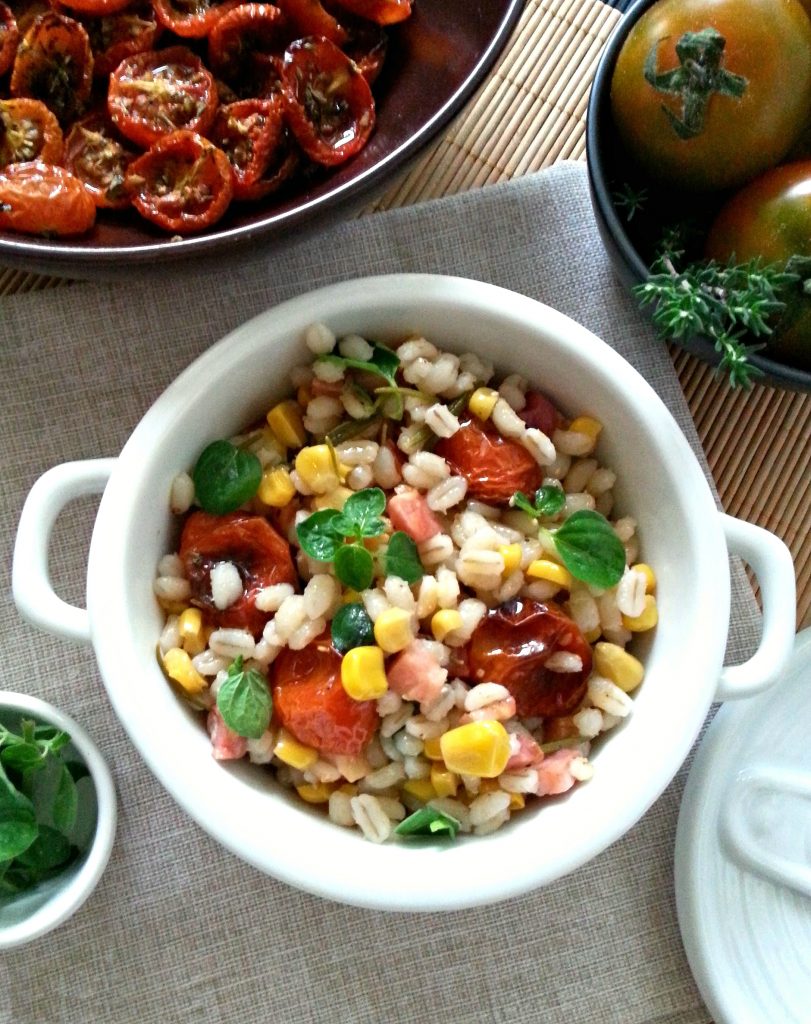 Orzo salad con pancetta mais e confit light