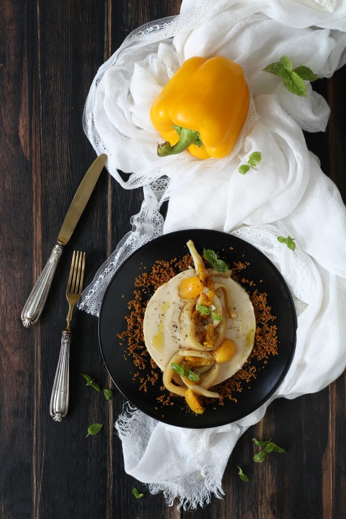 Anelli di totano in padella con cannellini e peperoni gialli ricetta light