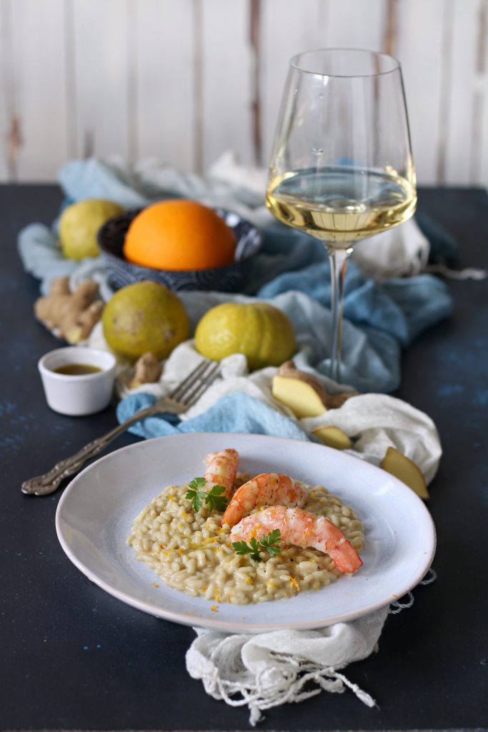 Risotto agrumi zenzero e gamberi argentini mantecato con olio