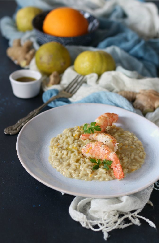 Risotto agrumi zenzero e gamberi argentini senza burro