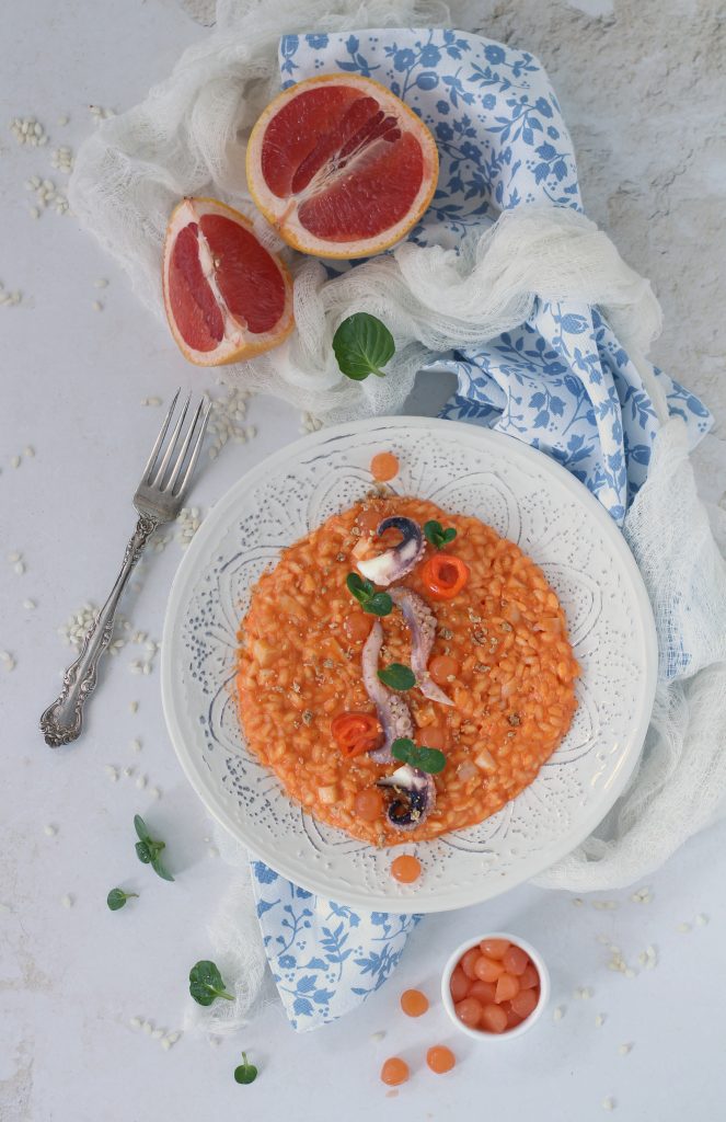 Risotto seppia peperoni e gelatina al pompelmo senza burro