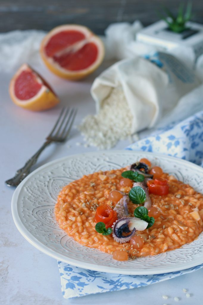 Risotto seppia peperoni e gelatina al pompelmo vialone nano