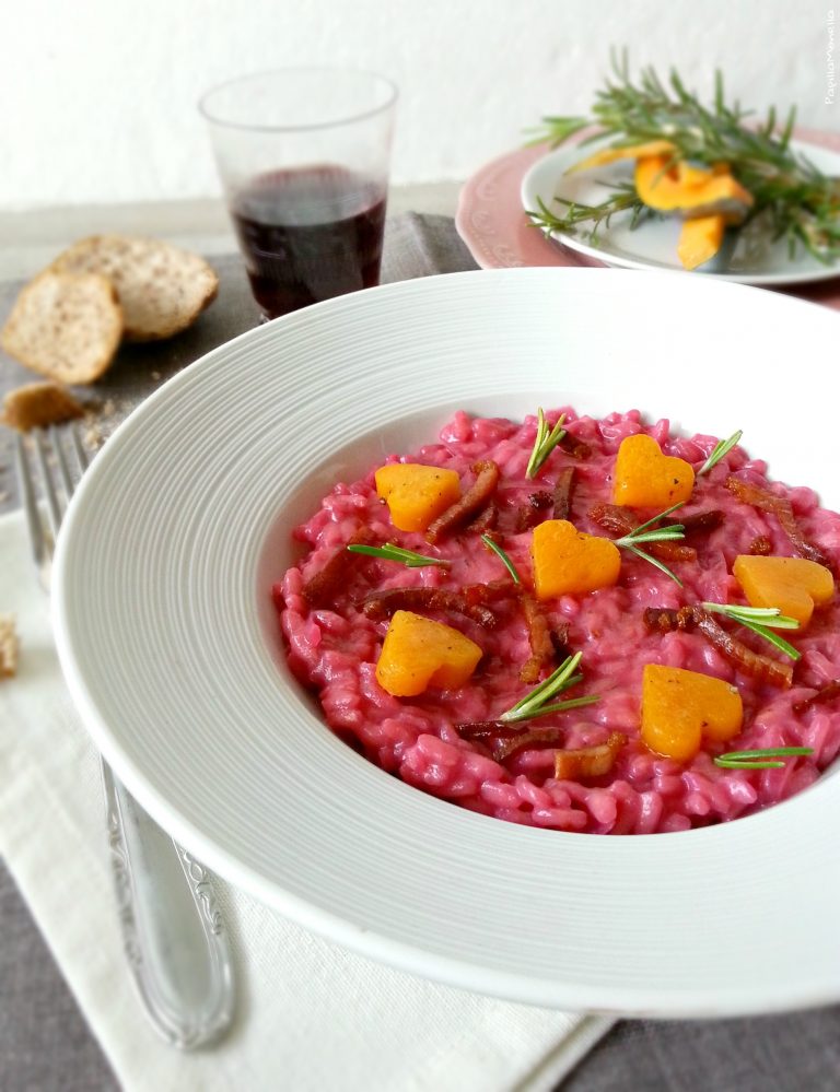 Risotto barbabietola zucca e speck croccante Papilla Monella