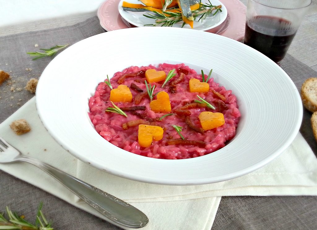 Risotto barbabietola zucca e speck croccante Papilla Monella